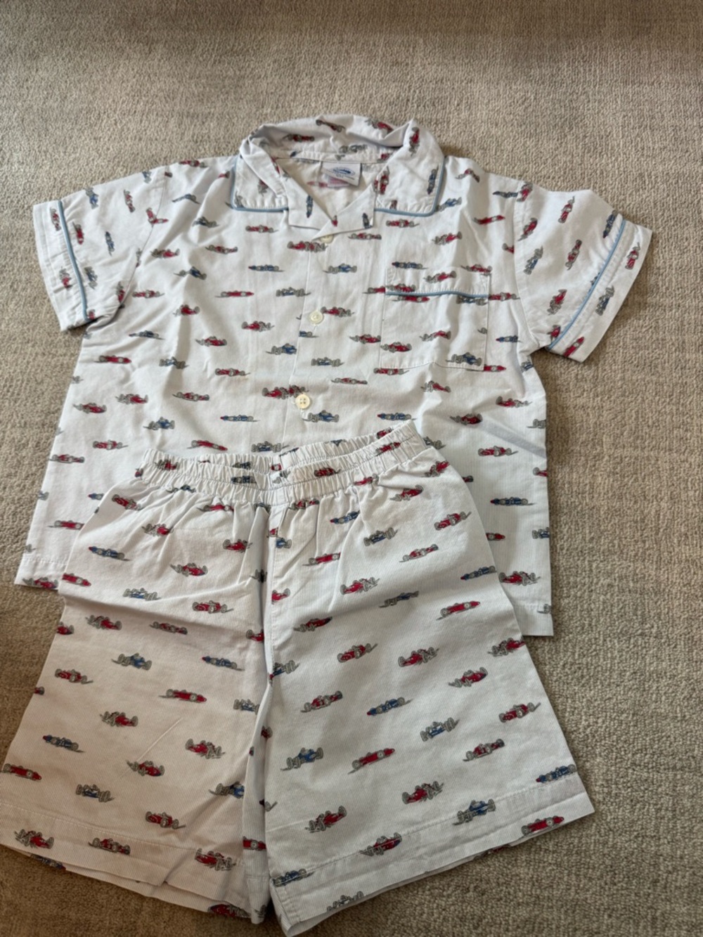 Trotters White Short-Sleeve Pajama Set with Red & Blue Race Car Print